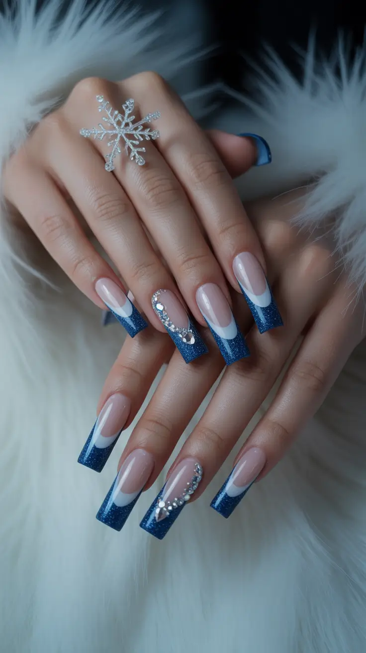 Winter 2025–2026 arctic blue french manicure with rhinestones