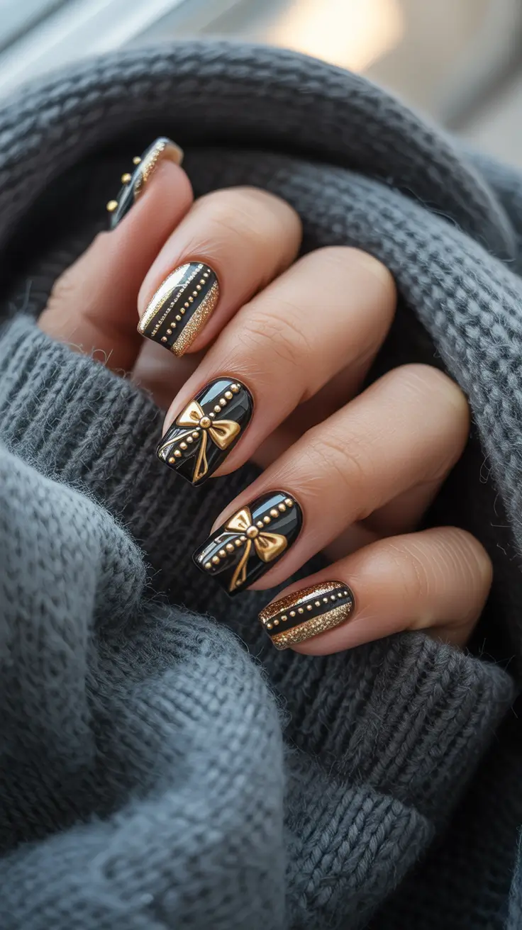Winter 2025–2026 black and gold ribbon manicure