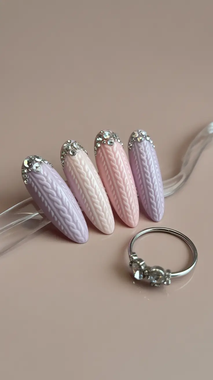 Winter 2025–2026 knit texture pastel manicure with rhinestones