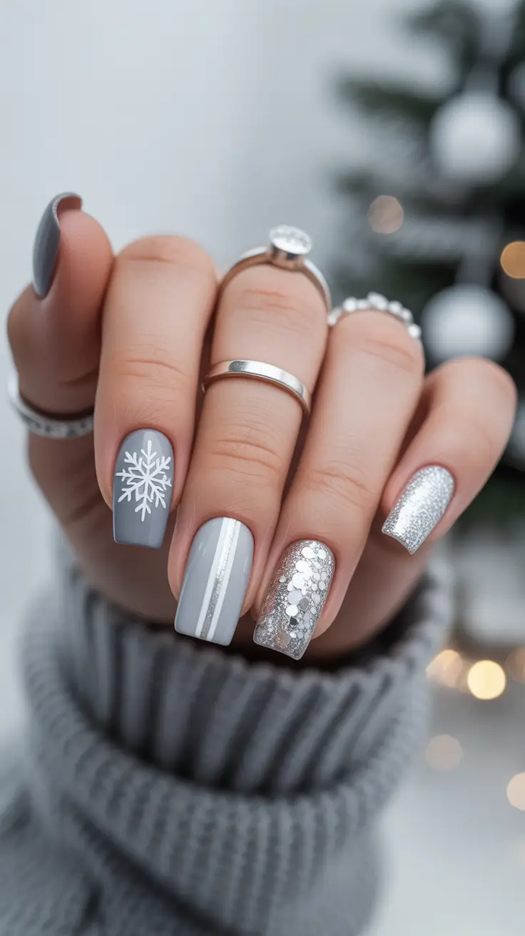 Winter 2025–2026 silver gray snowflake manicure