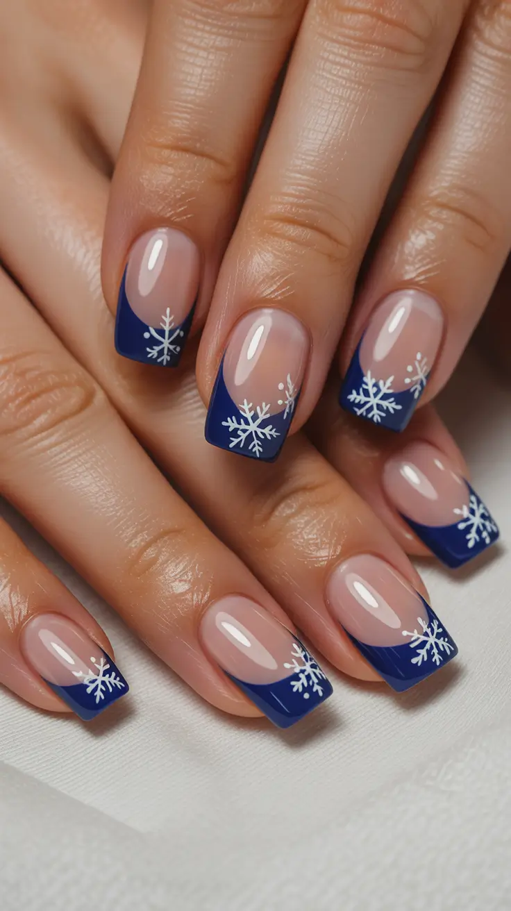 Winter 2025–2026 navy french manicure with snowflakes
