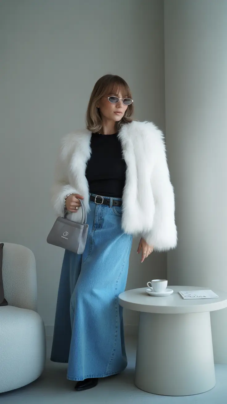 winter outfits cold 2025-2026 Denim and White Faux Fur Minimalism