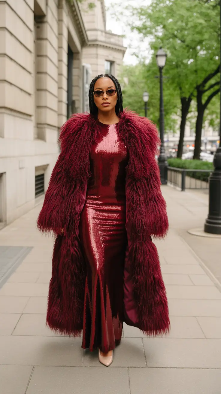 winter outfits cold 2025-2026 Velvet Power in Crimson