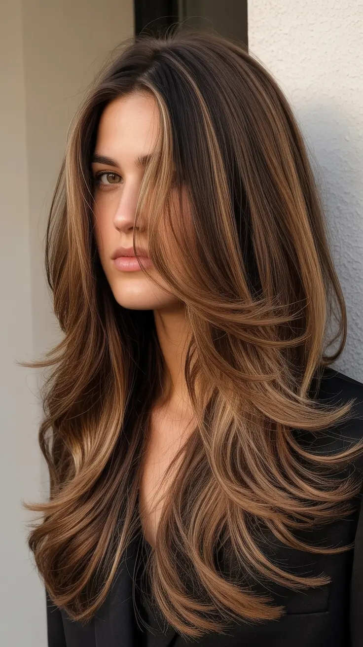winter trending hair colors 2025-2026 Hazelnut Espresso Layers
