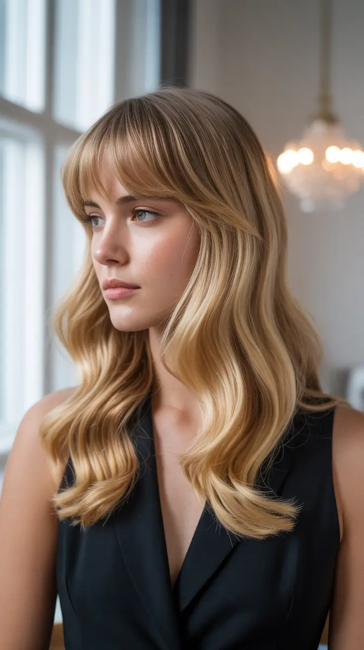 winter trending hair colors 2025-2026 Champagne Blonde with Curtain Bangs