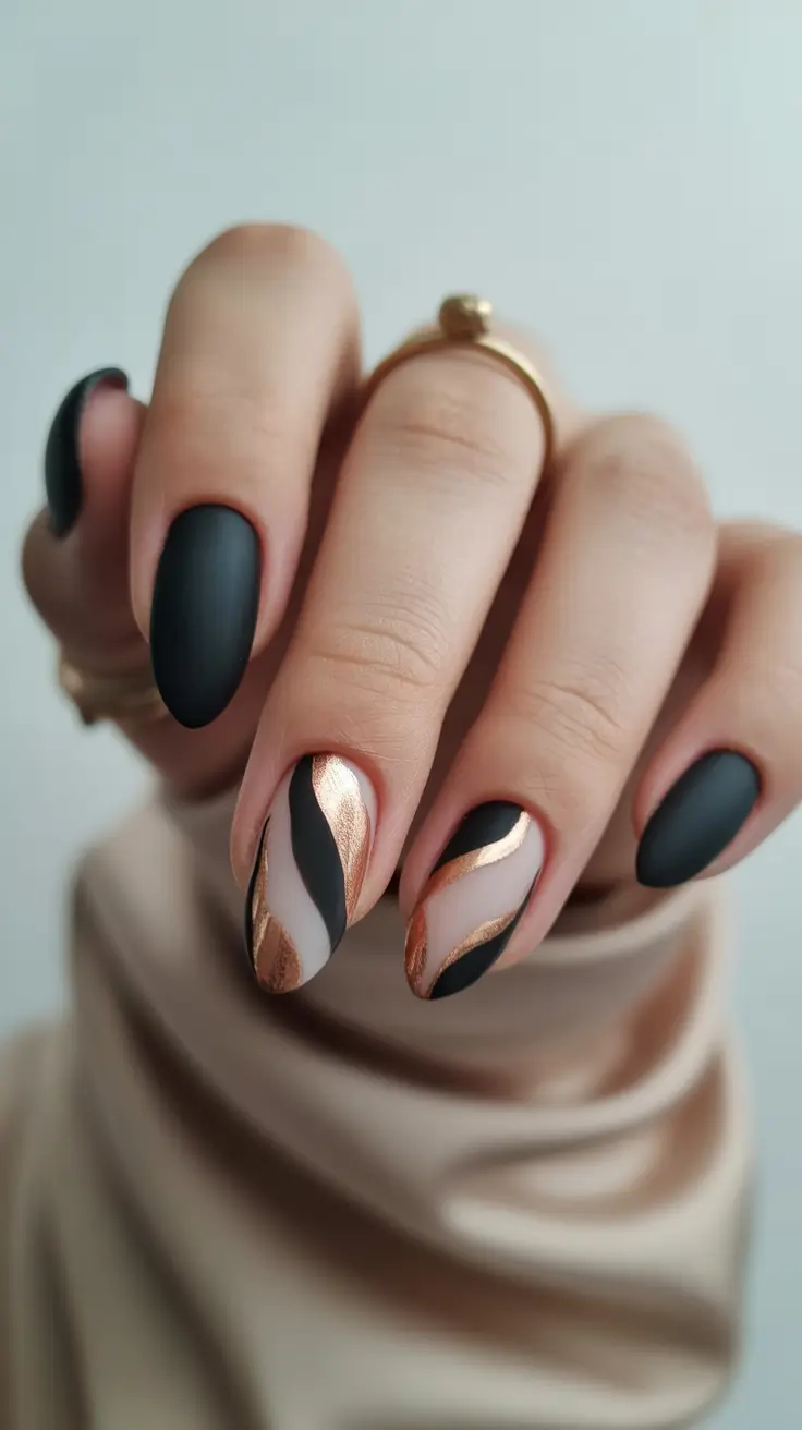 winter almond nails 2025-2026 black and bronze