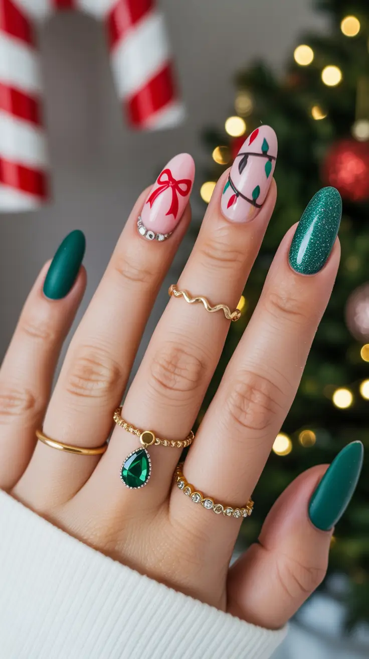 winter almond nails 2025-2026 emerald sparkle