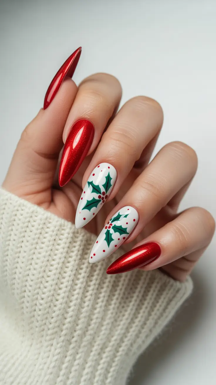 winter almond nails 2025-2026 holly red white