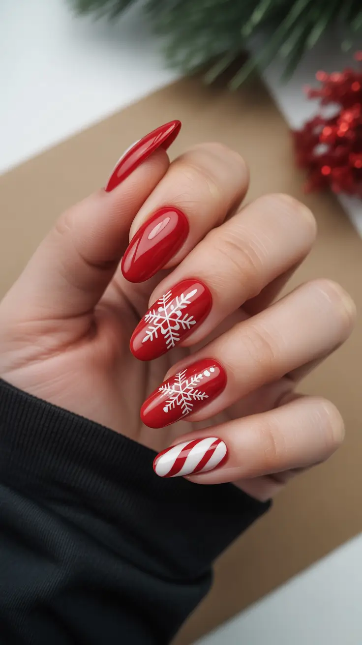 Winter Almond Nails 2025–2026 Classic Red with Snowflakes and Candy Stripes