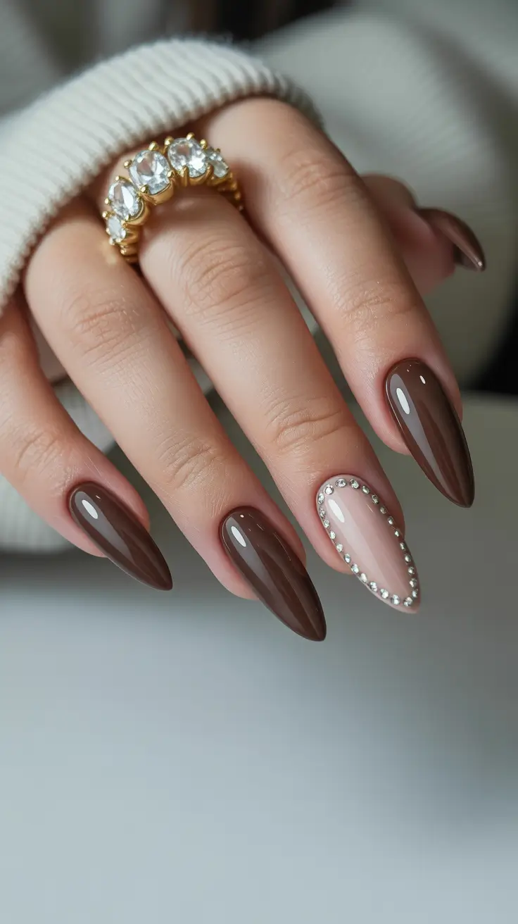 Winter Almond Nails 2025–2026 Mocha Elegance with Nude and Crystals