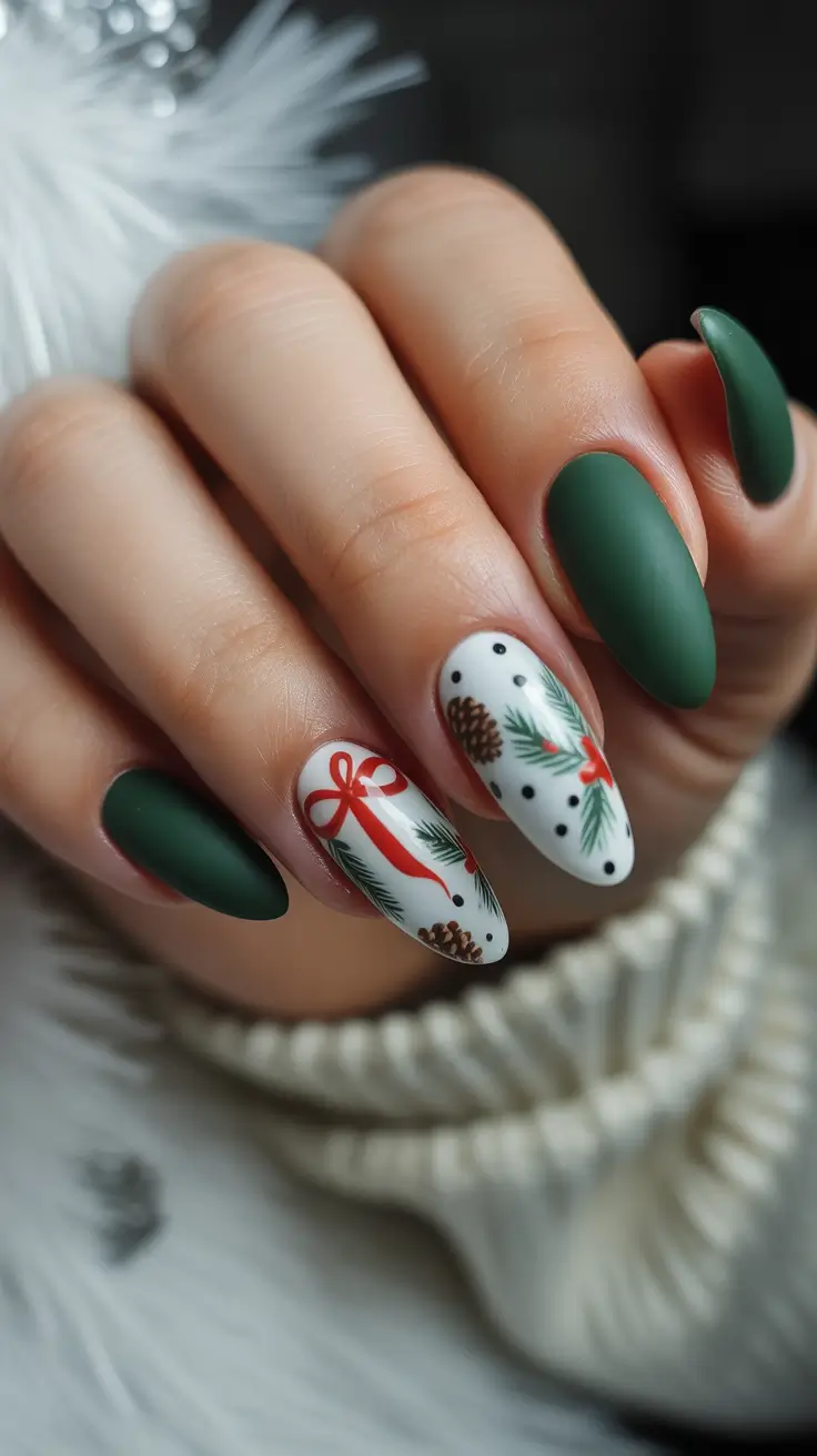 Winter Almond Nails 2025–2026 Matte Pine Green with Botanicals