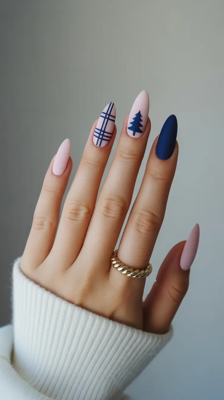 Winter Almond Nails 2025–2026 Pink and Blue Plaid
