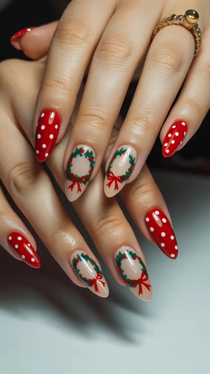 winter almond nails 2025-2026 red christmas bows