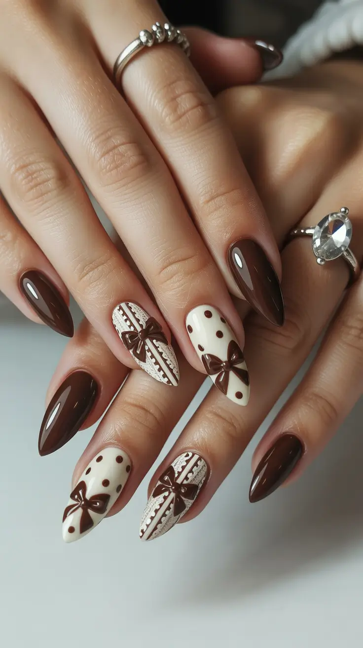 winter almond nails 2025-2026 chocolate ribbon