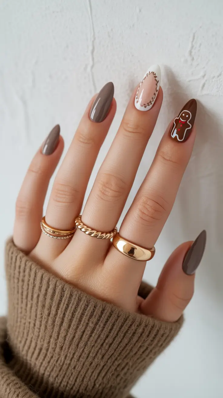 winter almond nails 2025-2026 gingerbread charm