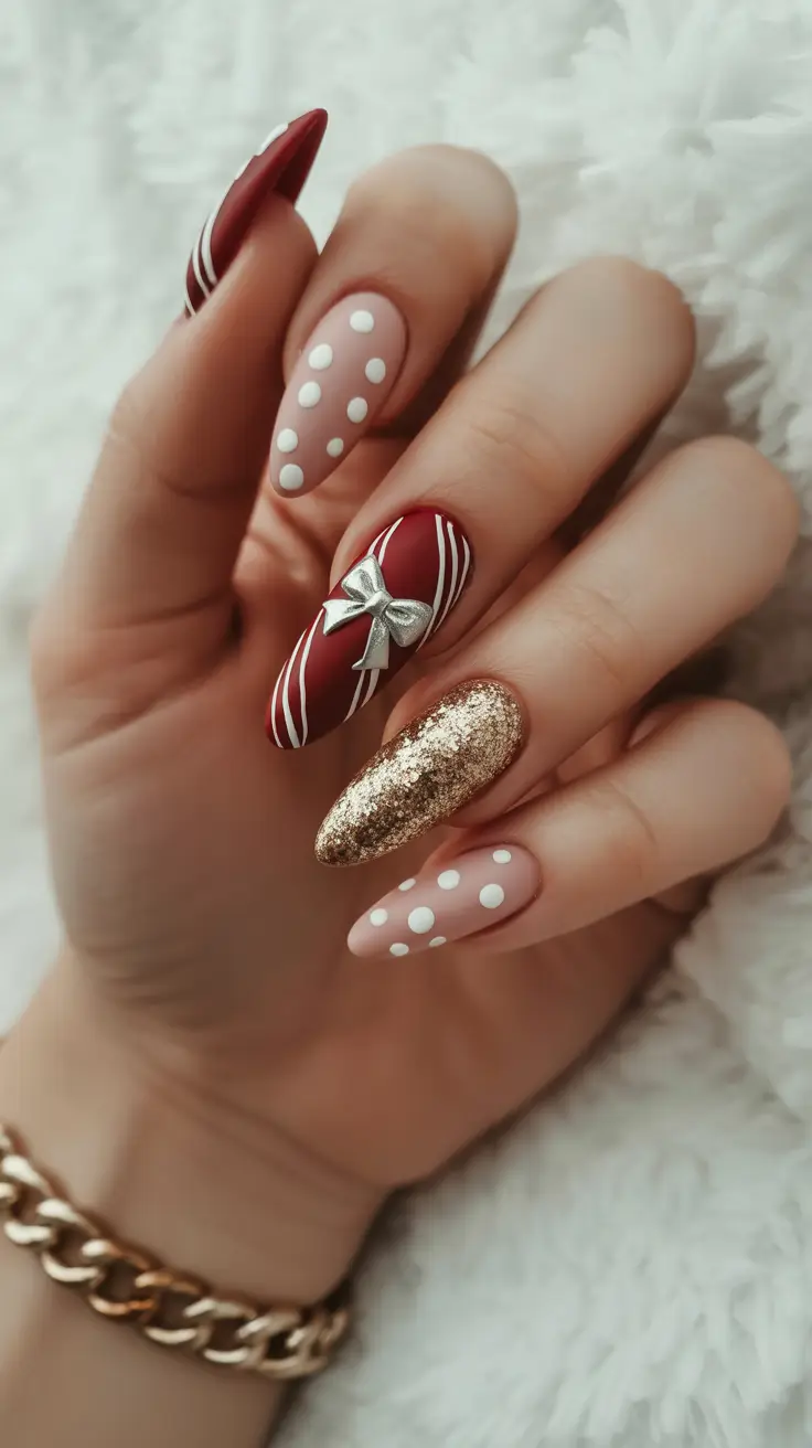 winter almond nails 2025-2026 candy cane glam