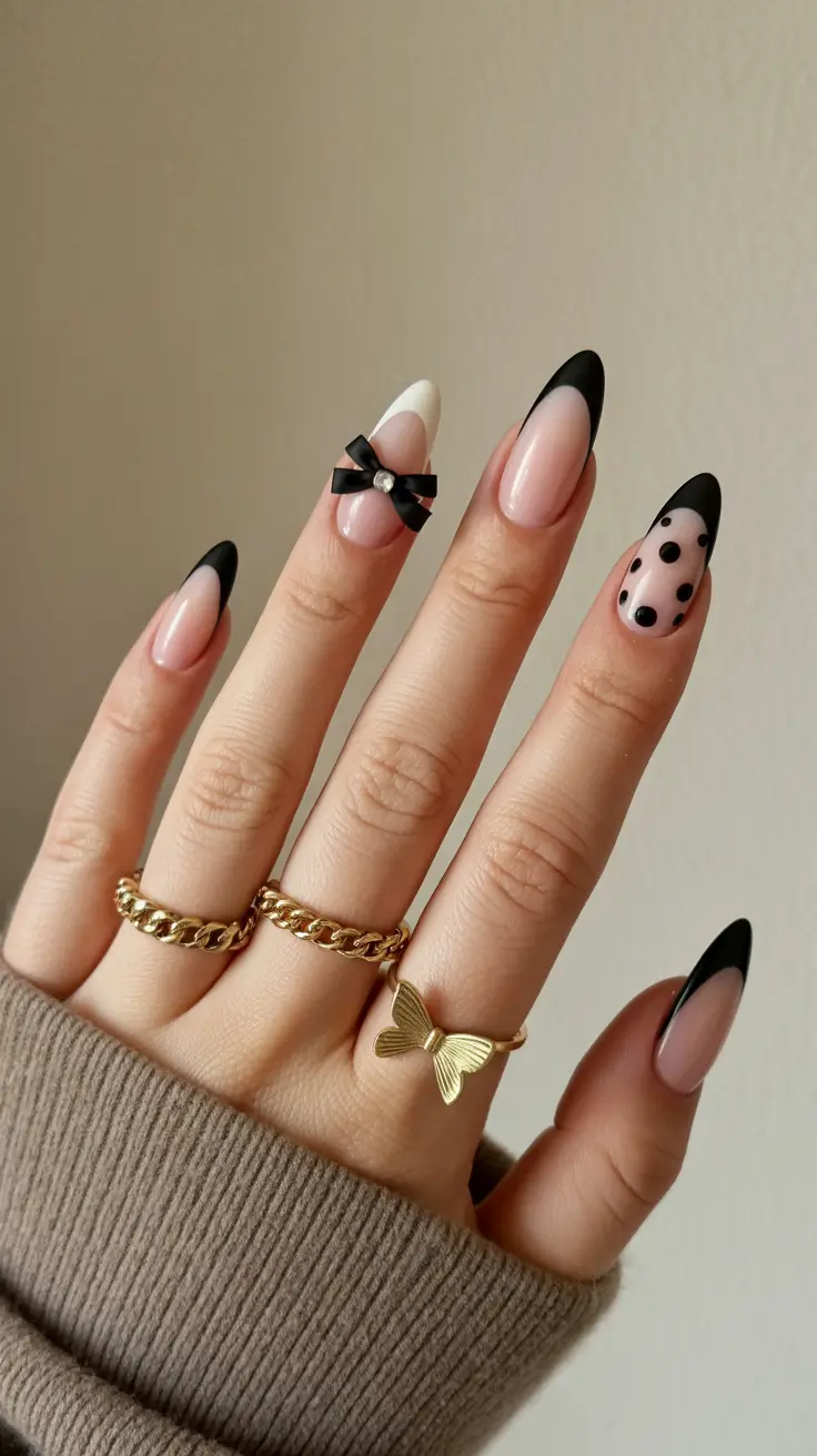 winter almond nails 2025-2026 black bow chic