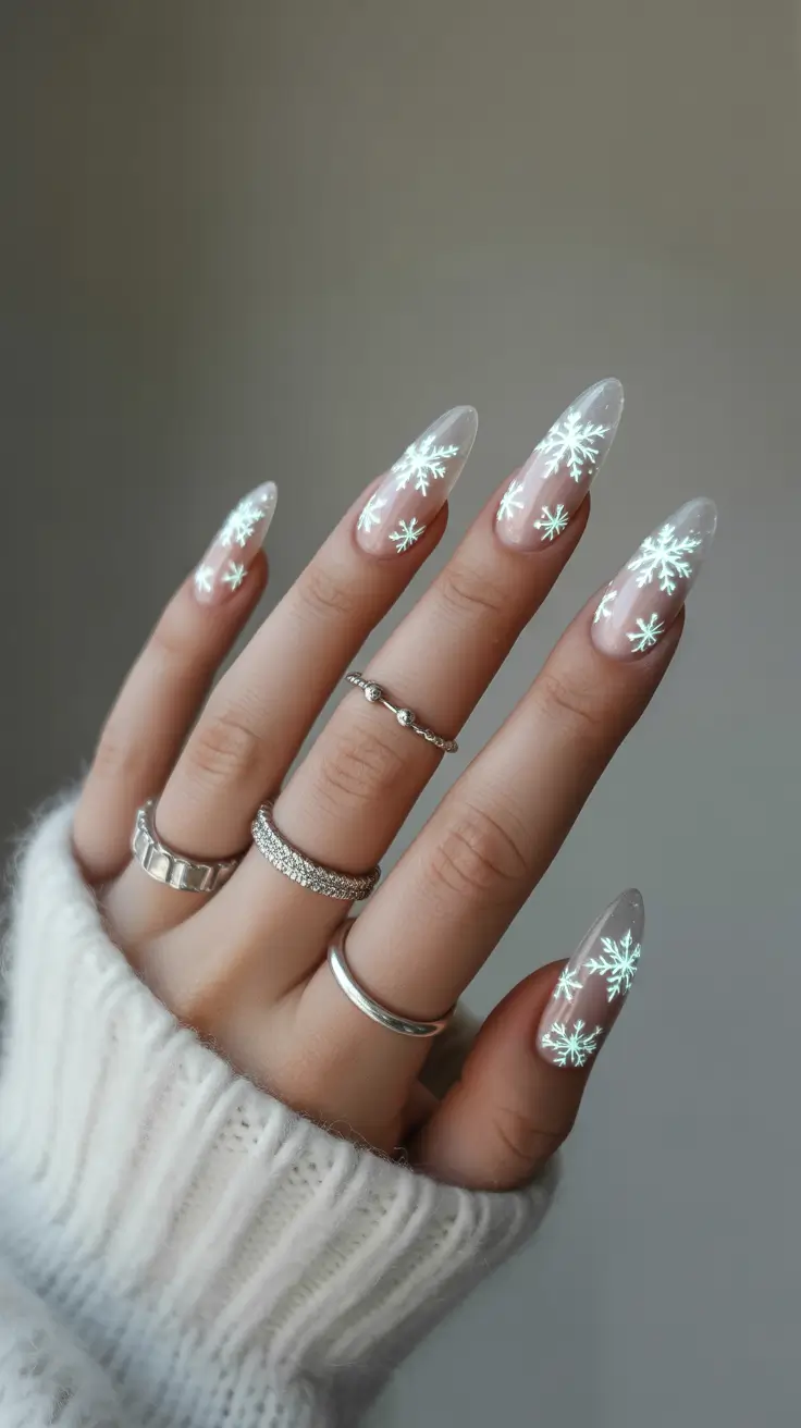 Winter Gel Nails 2025-2026 Snowflake Veil