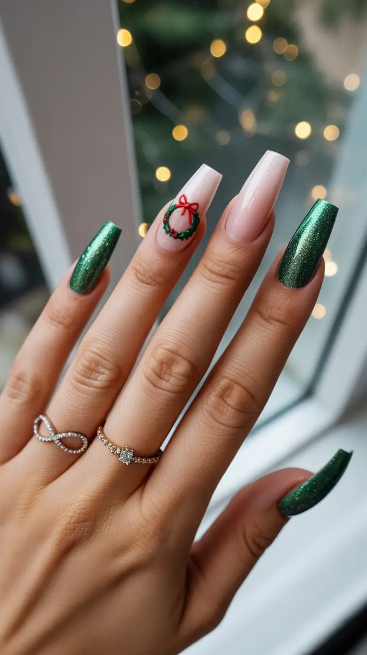Winter Gel Nails 2025-2026 Emerald Wreath Wonder