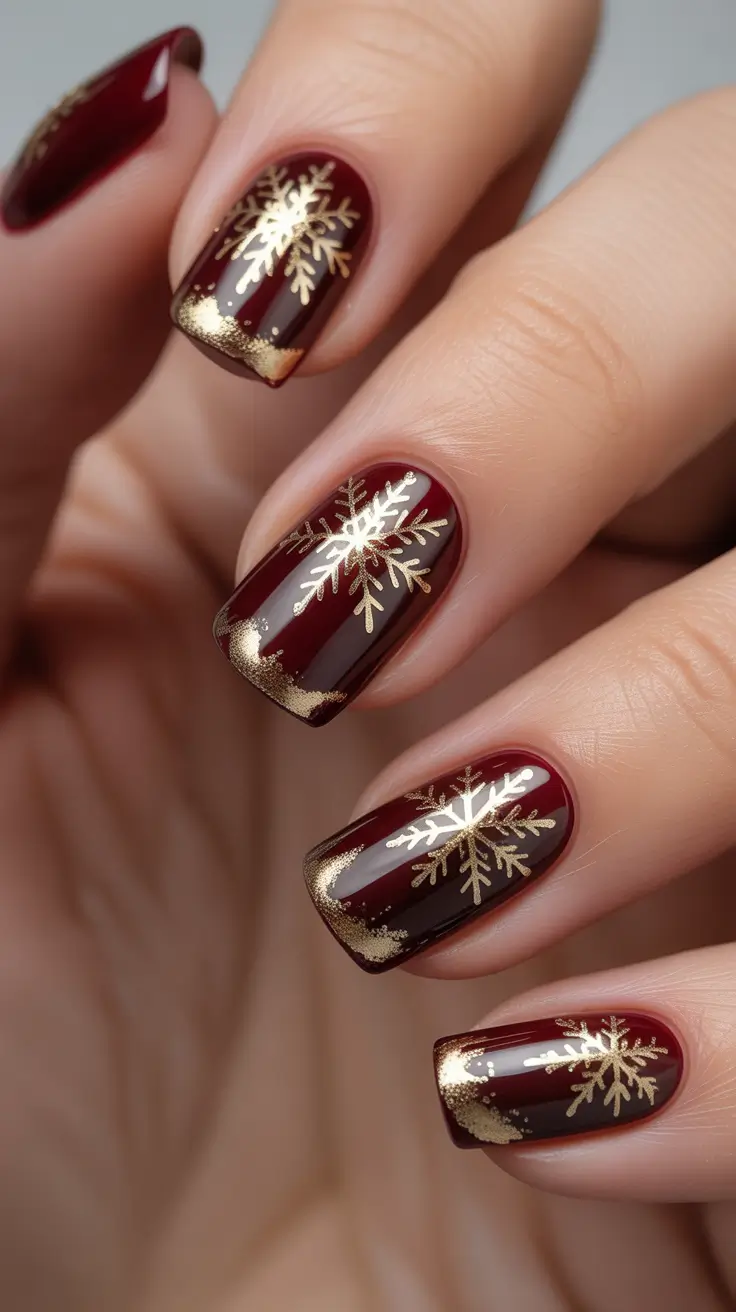 Winter Gel Nails 2025–2026 Golden Snowflakes on Deep Wine