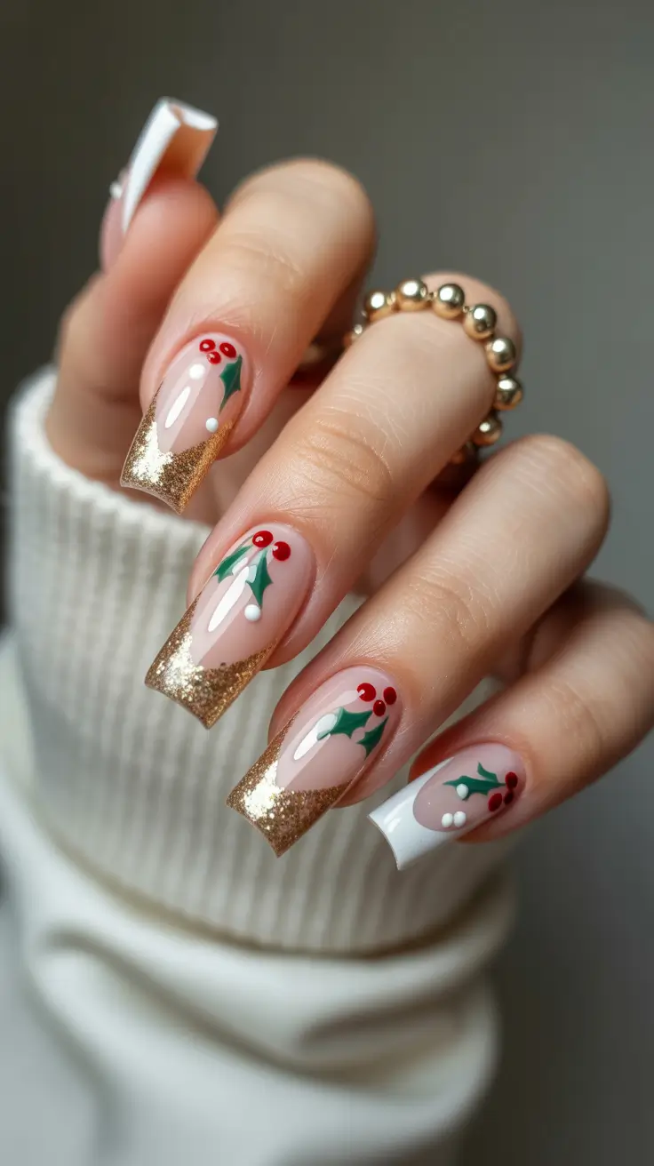 Winter Gel Nails 2025–2026 Gold French with Holly Accents