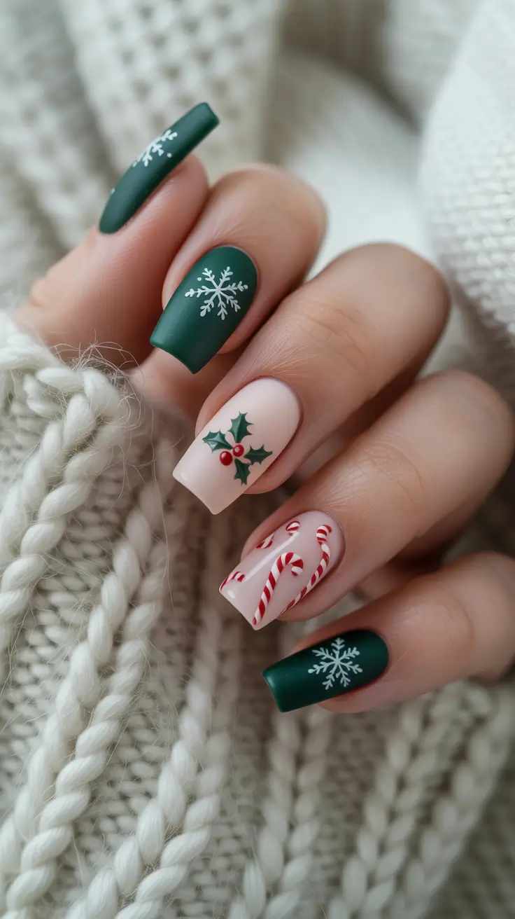 Winter Gel Nails 2025–2026 Matte Evergreen & Candy Cane Play