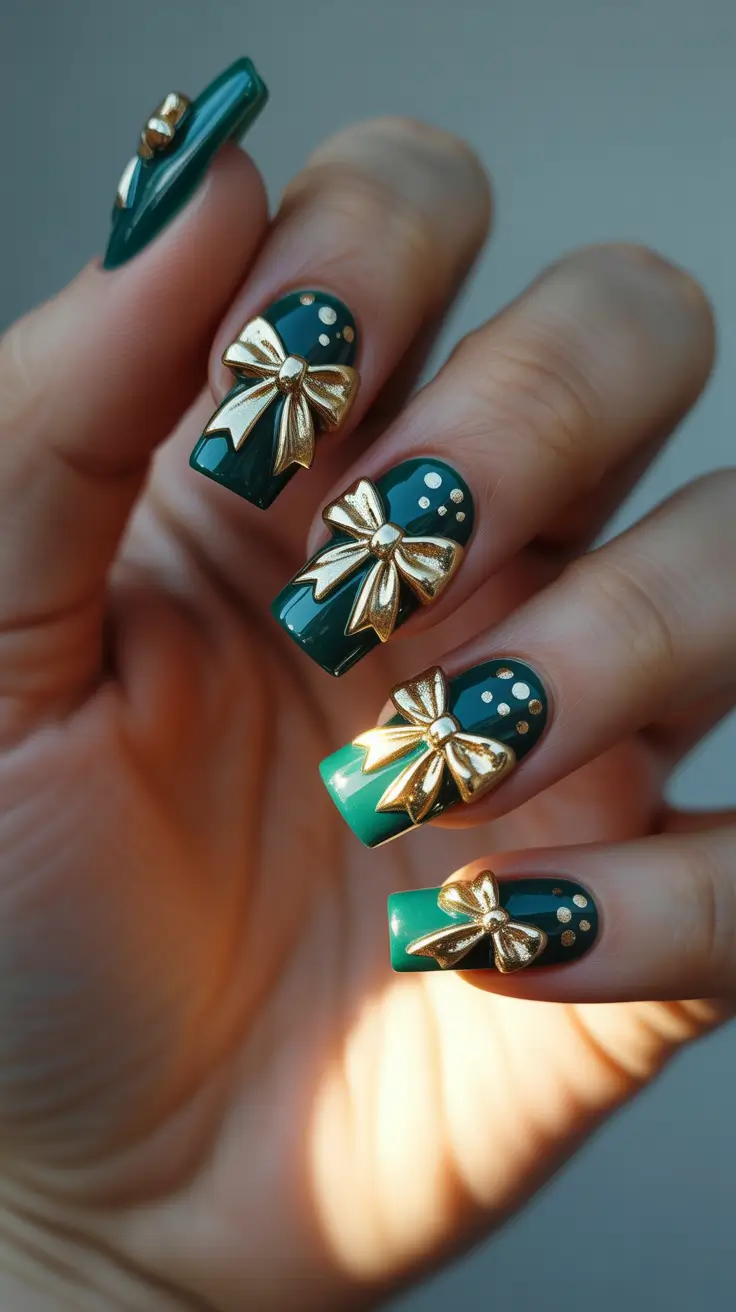 Winter Gel Nails 2025–2026 Emerald Bows & Golden Luxe
