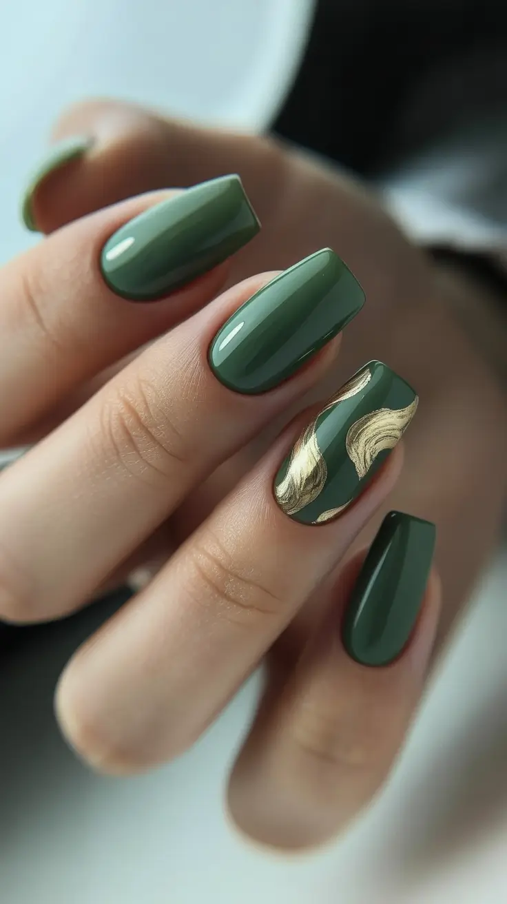 Winter Gel Nails 2025–2026 Olive Glamour with Golden Strokes