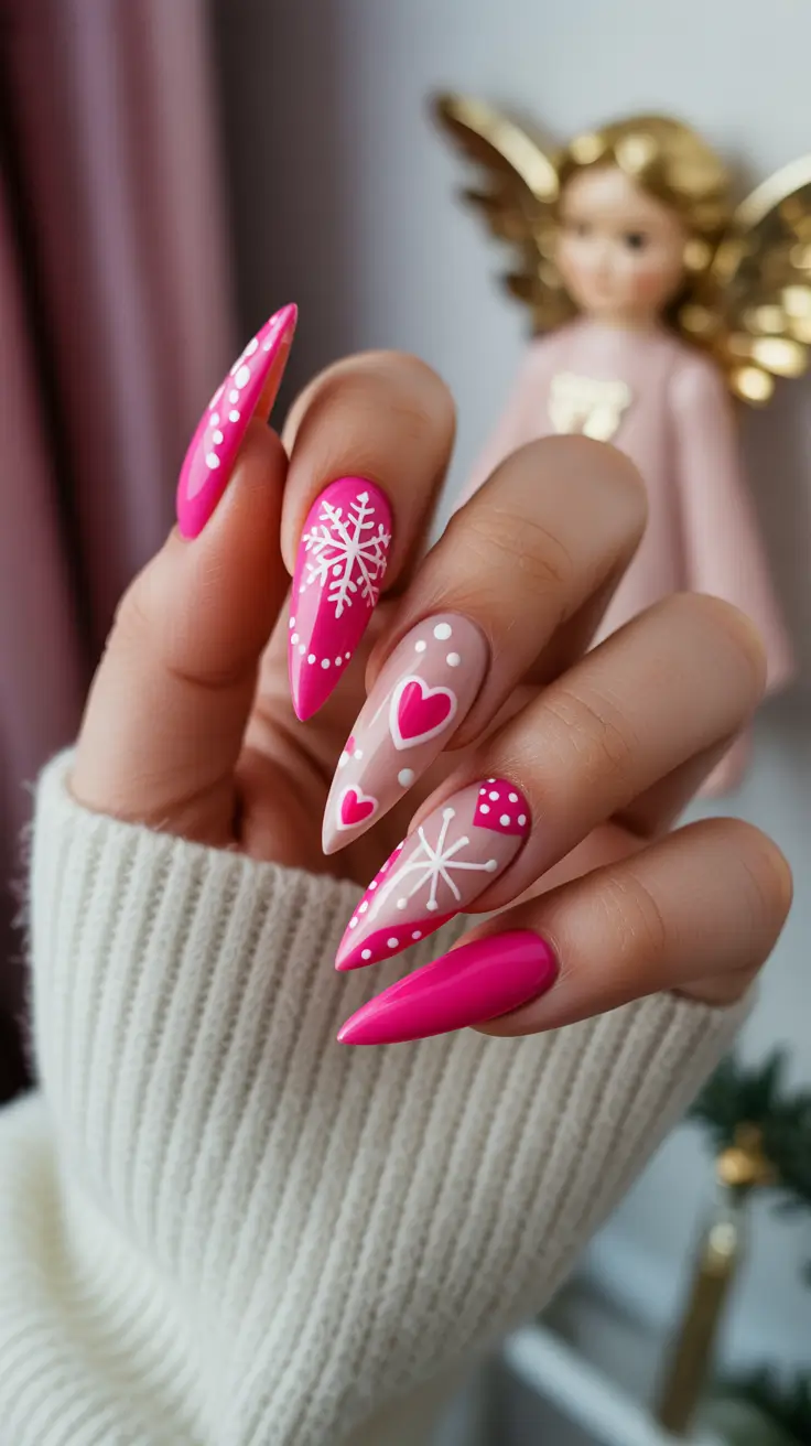 winter-nails-design-and-color-2025-2026 Frosted Hearts and Snowflakes