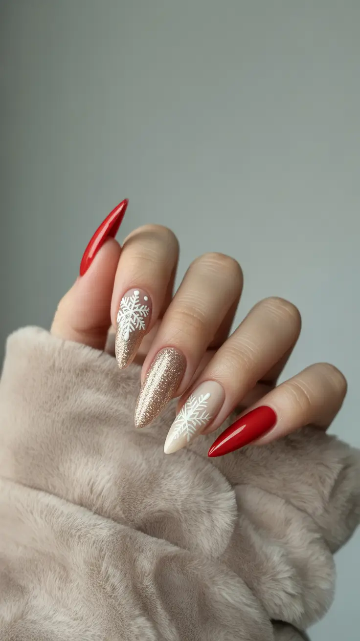 winter-nails-design-and-color-2025-2026 Golden Snowflakes & Red Velvet Glam