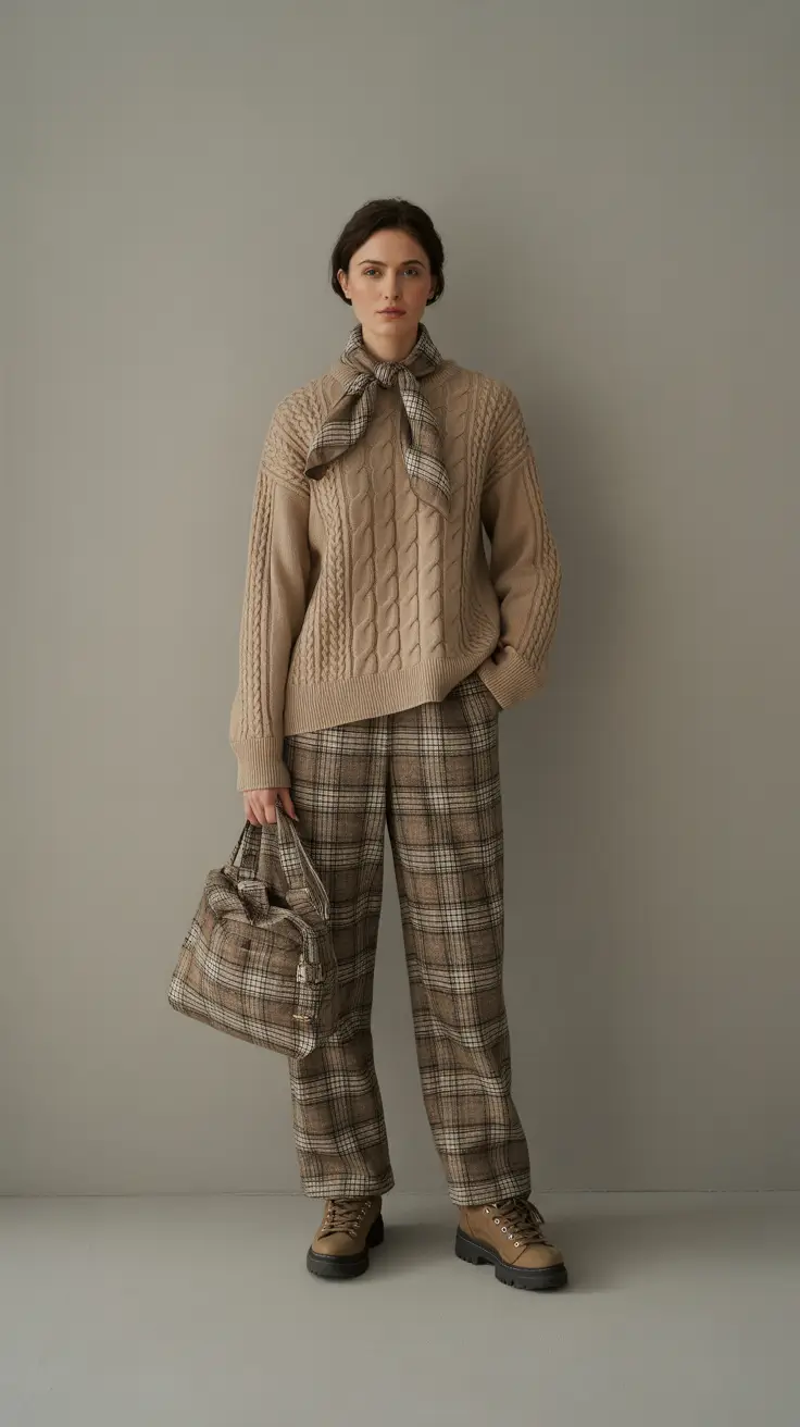 winter outfit inspo 2025-2026 Earthy Plaid Comfort