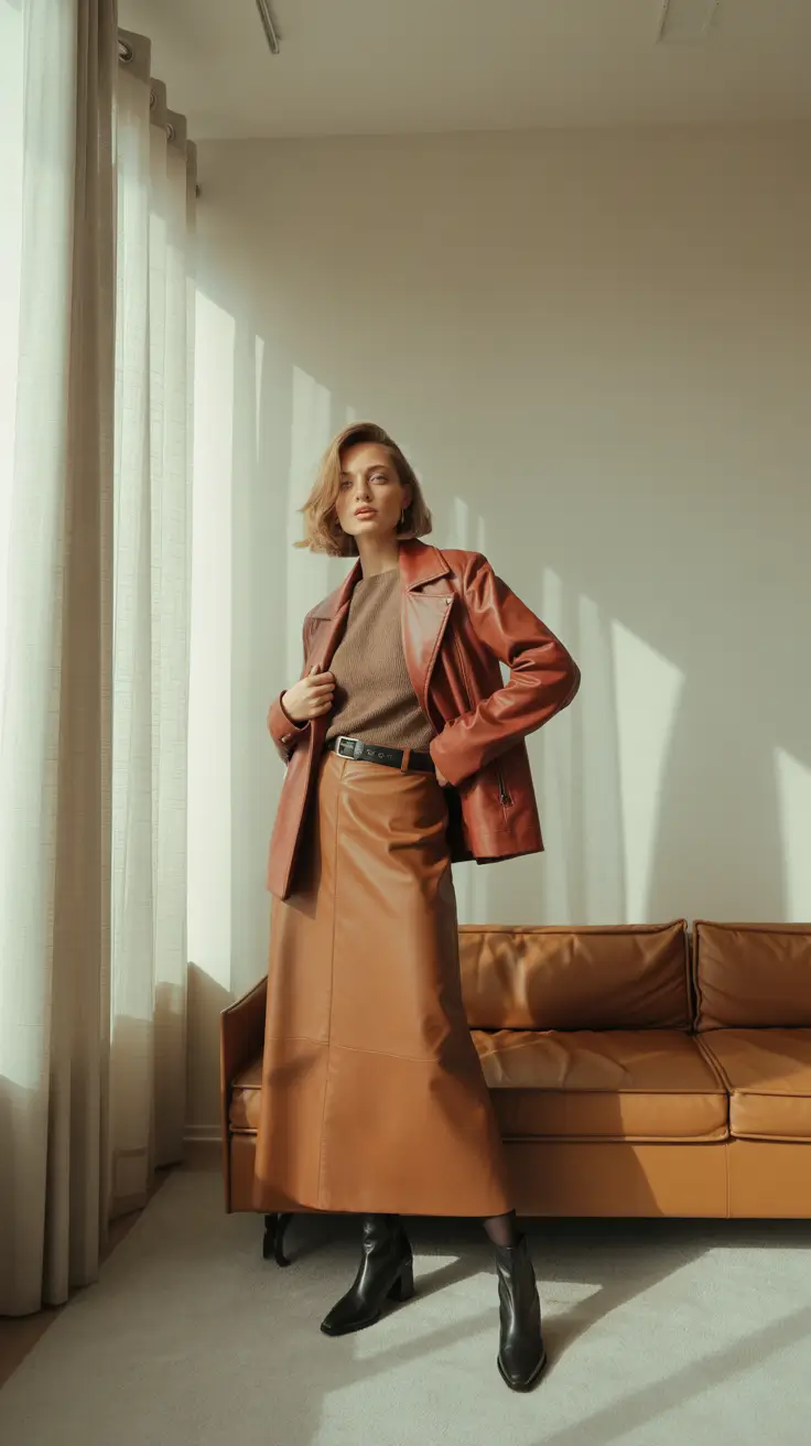 winter outfit inspo 2025-2026 Leather Skirt Sophistication