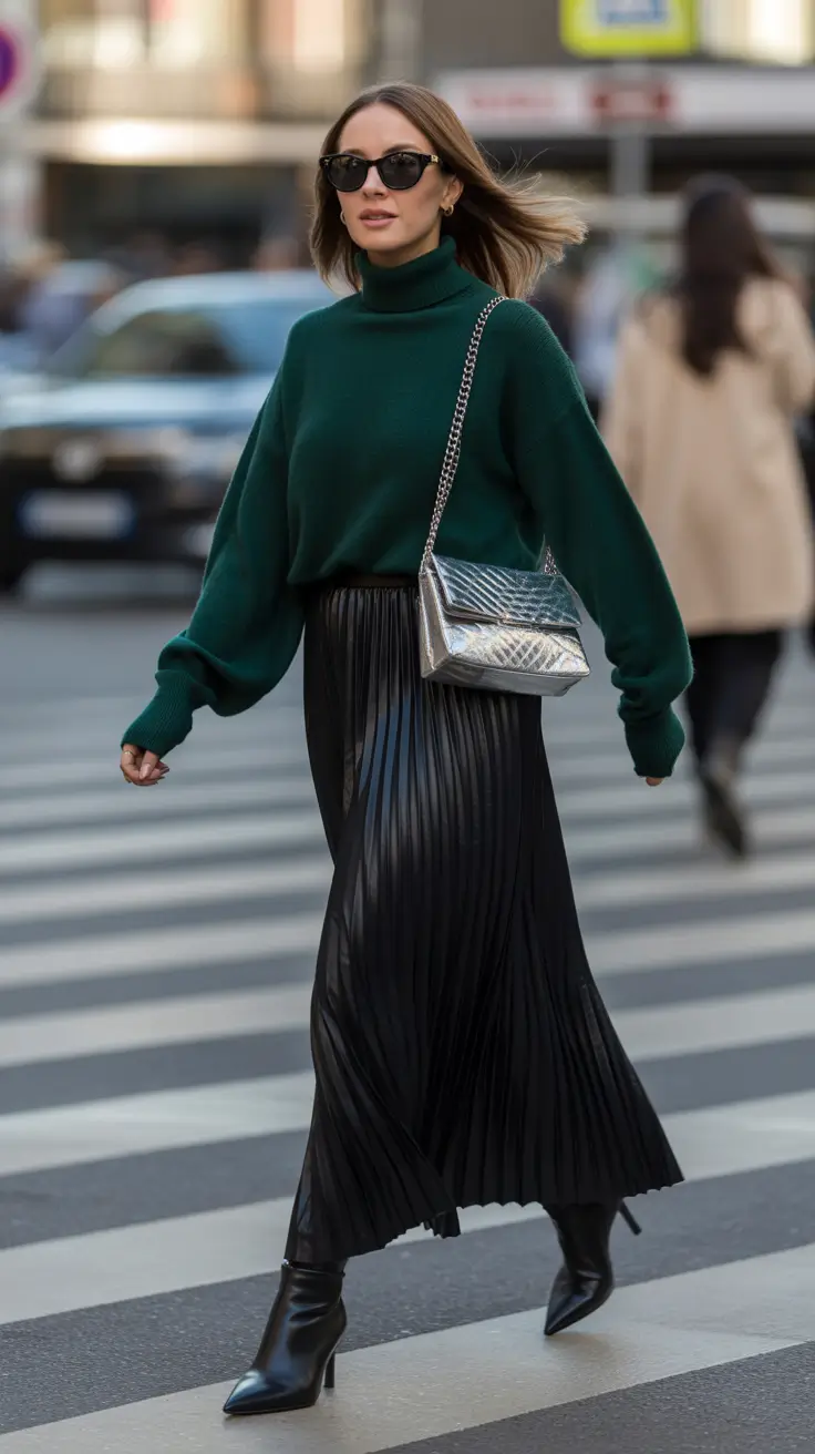winter outfits over 40 2025-2026 Chic Movement in Emerald and Pleats