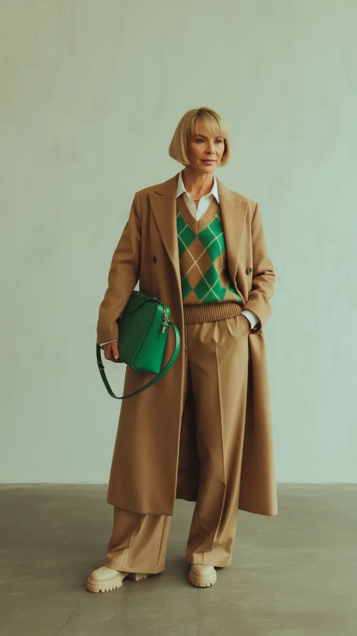 winter outfits over 50 2025-2026 Preppy Revival in Camel and Green