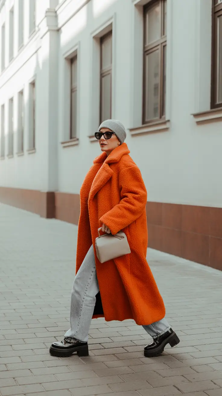 winter outfits over 50 2025-2026 Bold Warmth in Tangerine