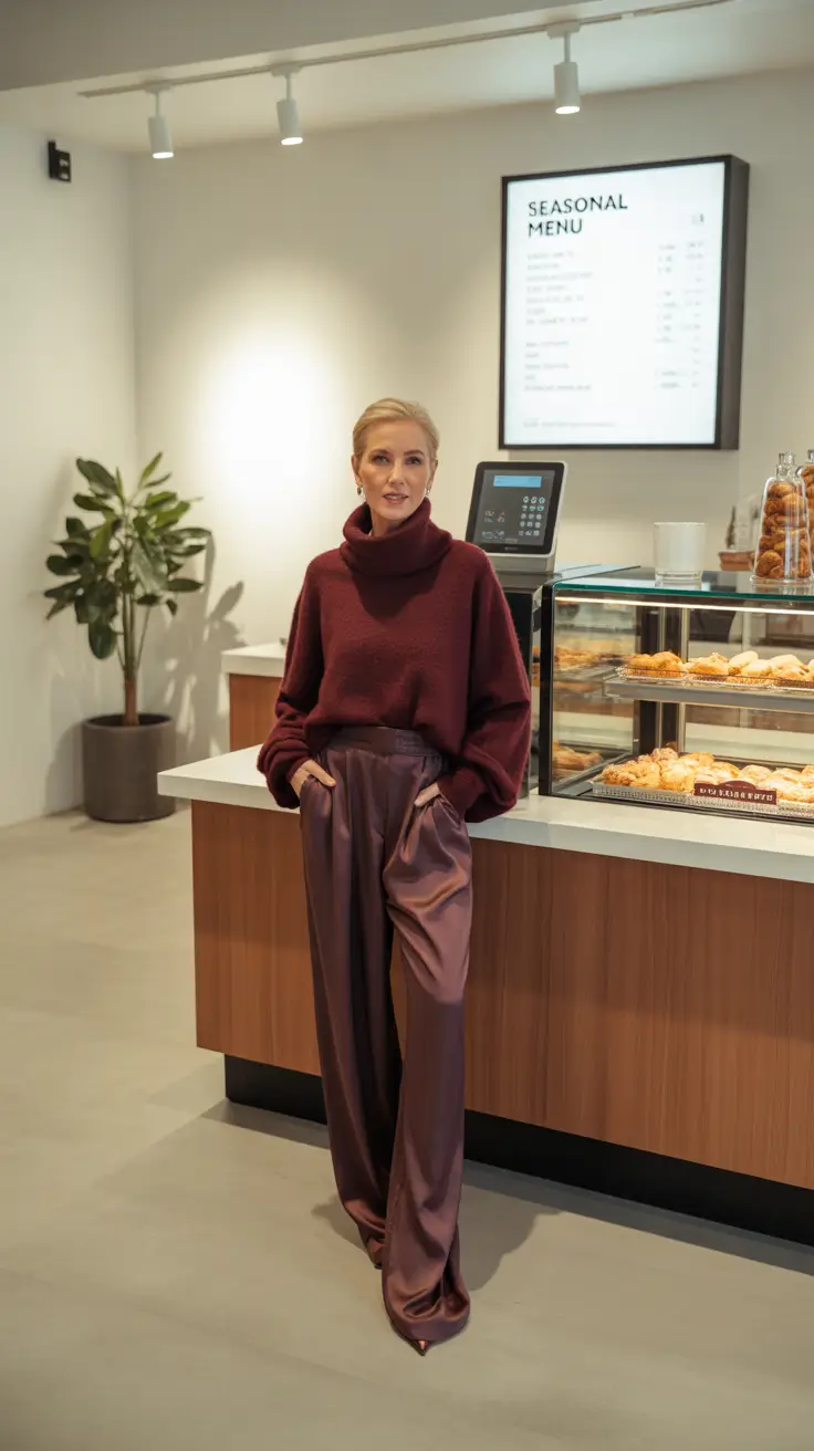 winter outfits over 50 2025-2026 Burgundy Warmth and Satin Grace