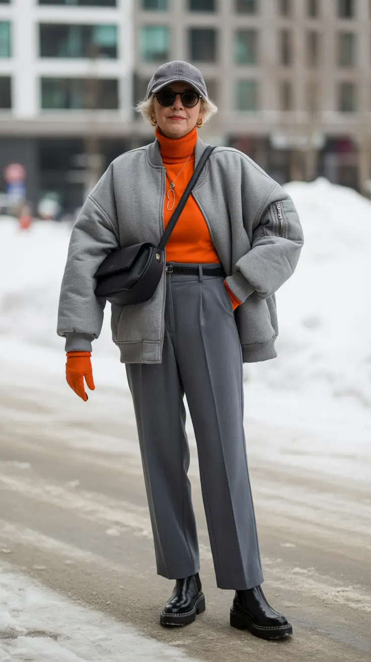 winter outfits over 60 2025-2026 Urban Cool with a Pop of Orange