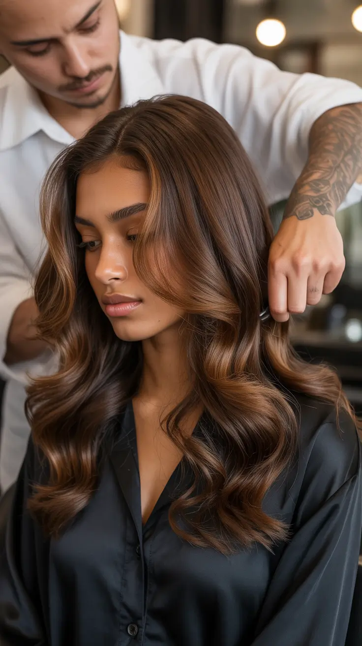 hair color for dark skin 2026 Chocolate Brown Waves with Soft Dimension