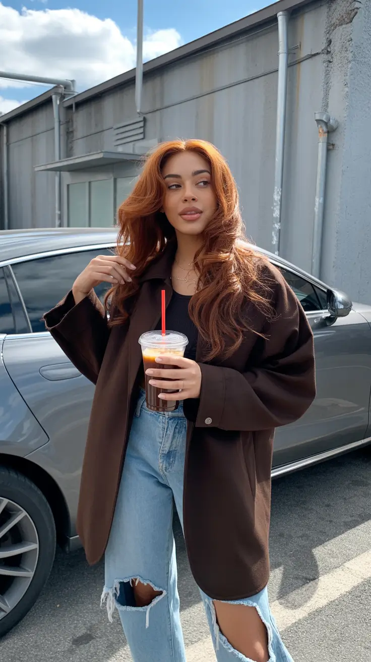 hair color for dark skin 2026 Soft Ginger Layers with Natural Movement