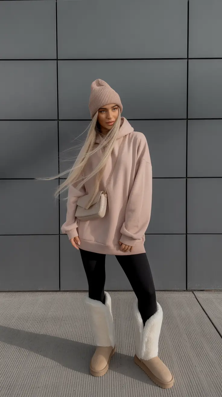 ugg outfits 2026 Playful Layers: Oversized Energy in Blush and Black