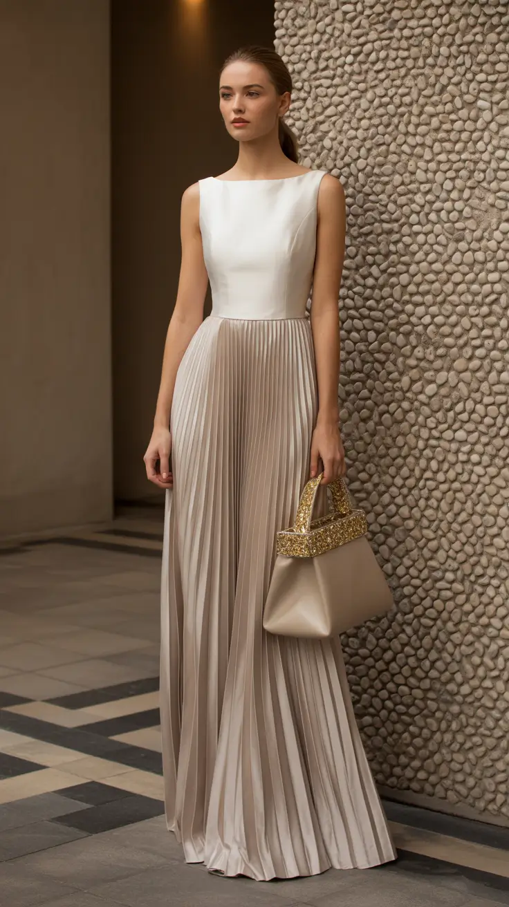wedding guest outfits 2026 Soft Grace in Pleated Perfection