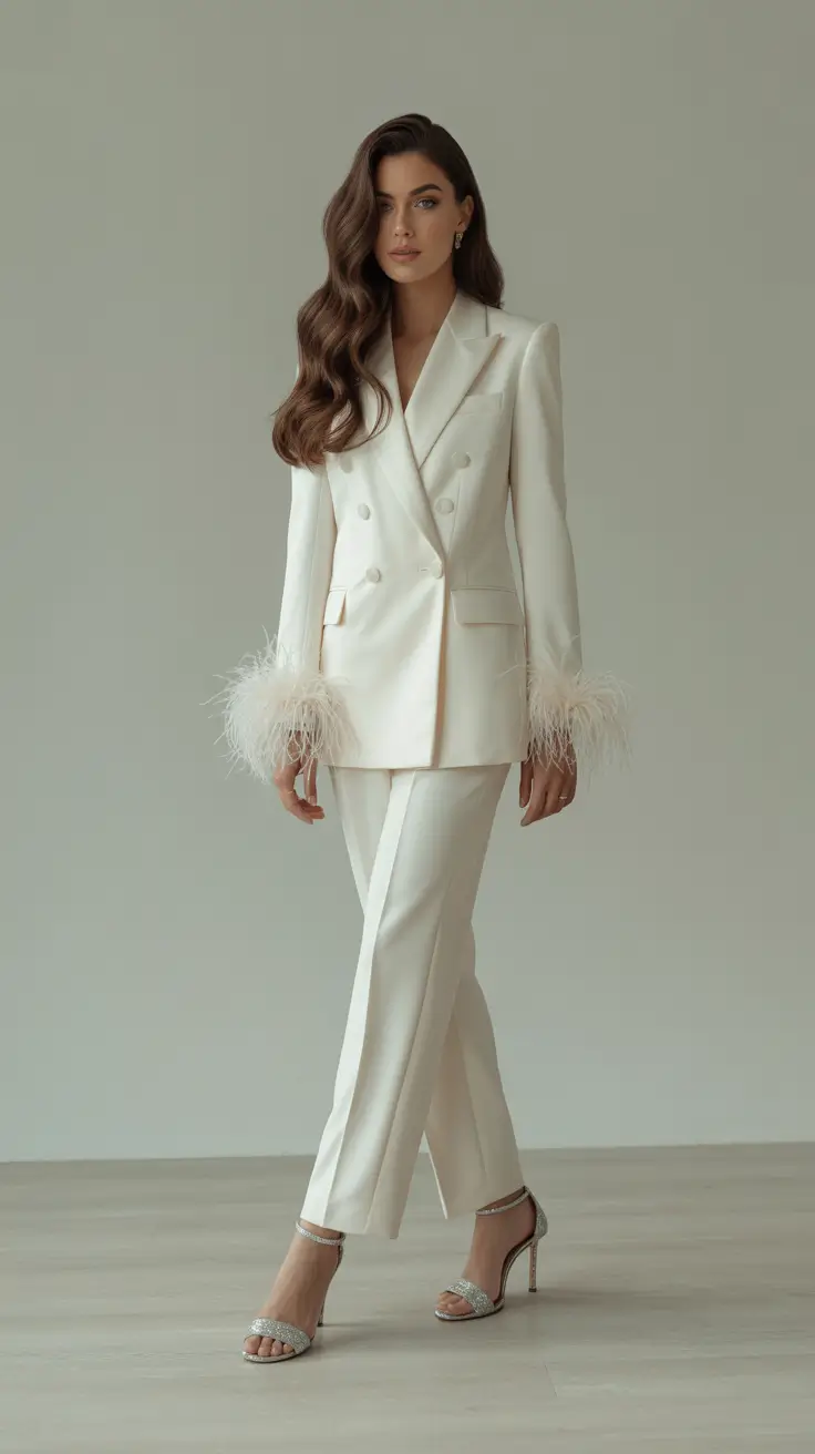 wedding guest outfits 2026 White Power Suit with Feather Details