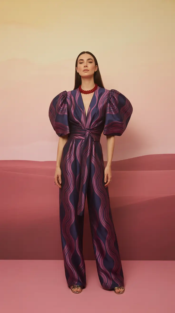 wedding guest outfits 2026 Retro Drama in Indigo and Magenta