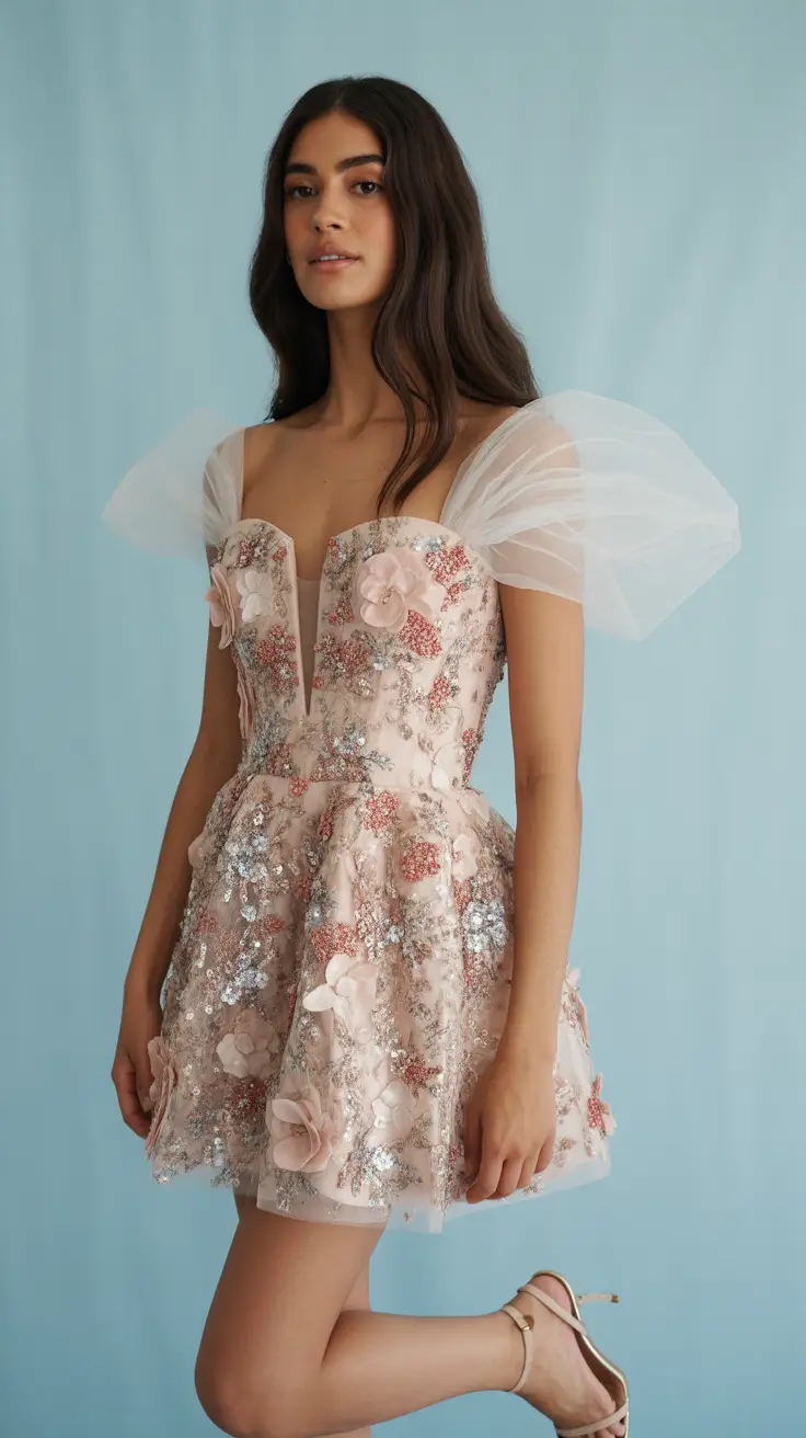 Birthday outfit ideas 2026 - Floral-embellished tulle mini with airy sleeves