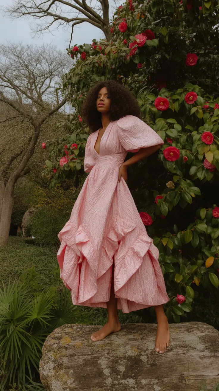 Birthday outfit ideas 2026 - Rosy ruffle gown for garden-party glamour
