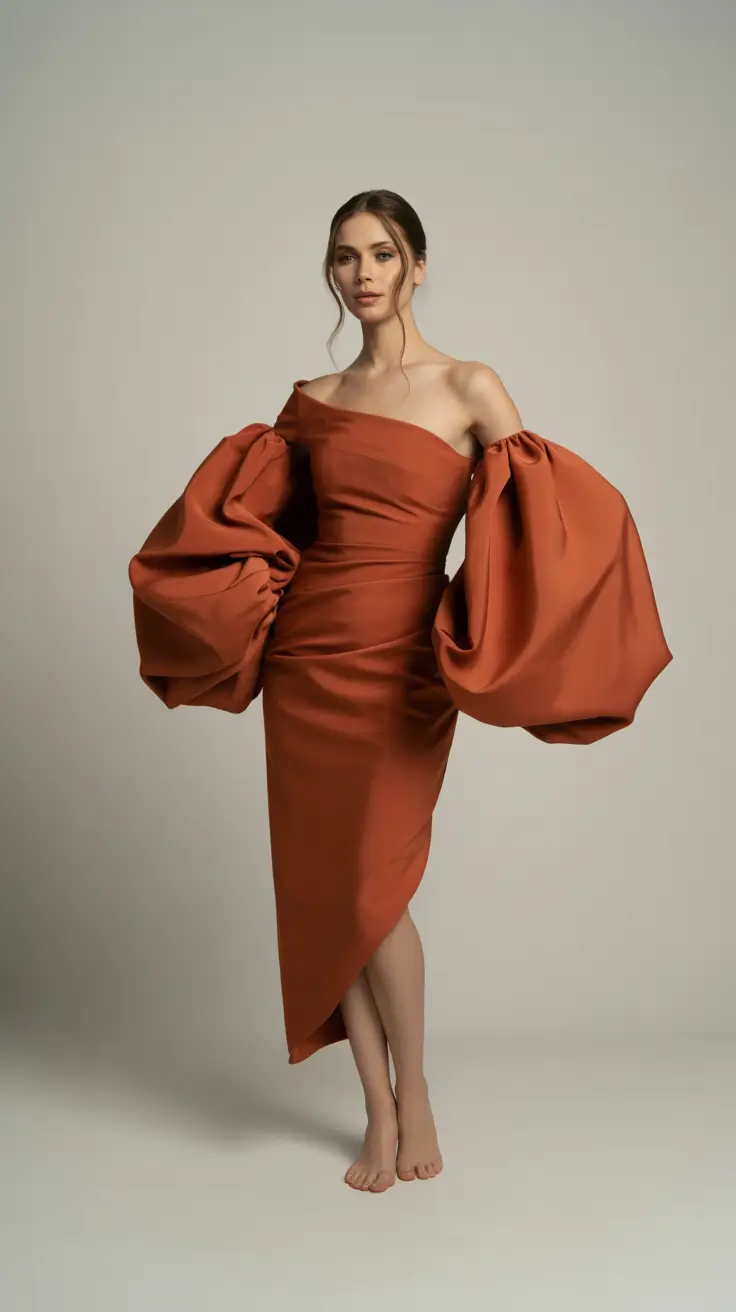 Birthday outfit ideas 2026 - Terracotta off-shoulder midi with sculptural sleeves
