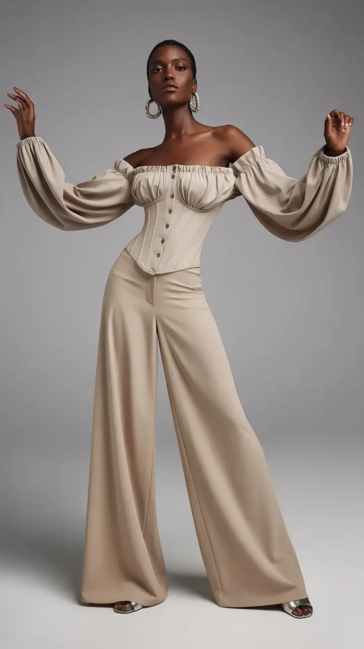 Birthday outfit ideas 2026 - Neutral corset top with wide-leg trousers