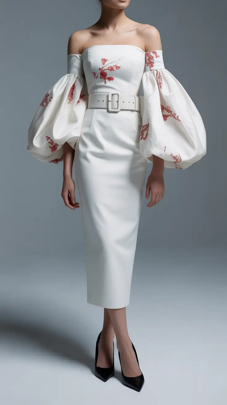 Birthday outfit ideas 2026 - Embroidered off-shoulder midi with belted waist