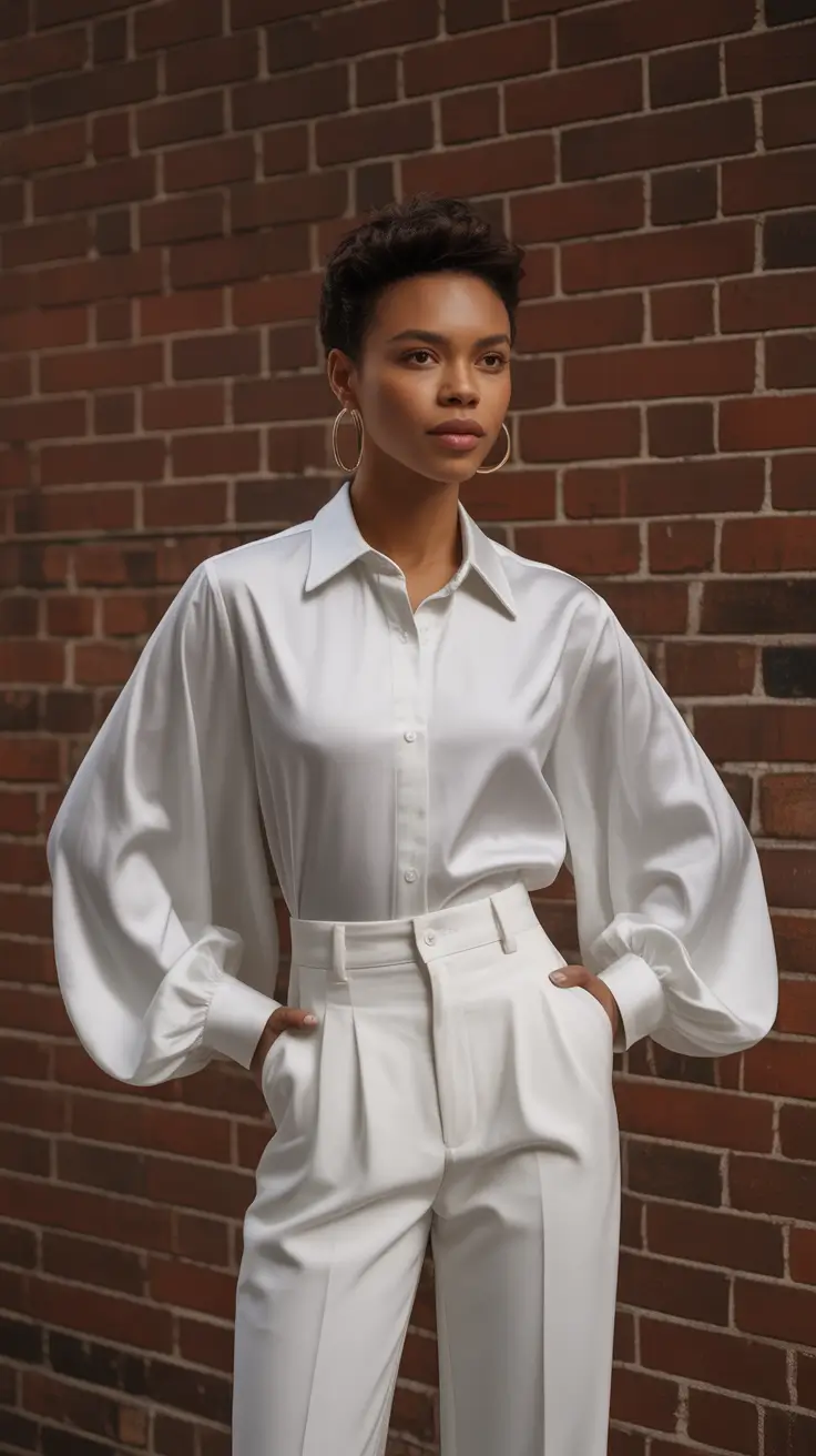 Birthday outfit ideas 2026 - All-white satin shirt and tailored trousers