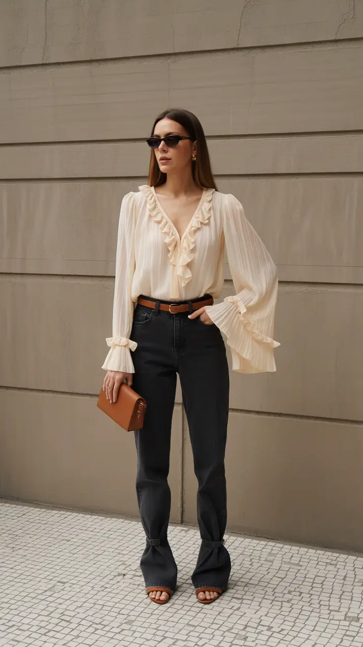 brunch outfits 2026 Soft Ruffles and Denim Calm